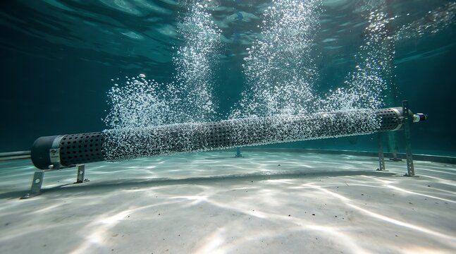 Underwater view of a perforated aeration pipe diffuser releasing a stream of oxygen air bubbles in a clean industrial water tank or aquaculture facility with light reflections on the bottom