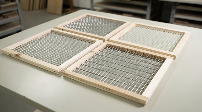 Four handmade wooden frames with metal wire mesh grates on a workshop table, professional industrial tools for sifting or handmade papermaking process, set of quality equipment for DIY craft.