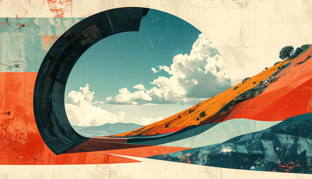 Dark tunnel mouth cut into flat paper hillside opening directly onto bright sky and clouds with sharp cut out transition in surreal collage generative AI