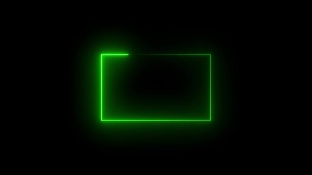 Green color neon glowing rectangle frame on black background. 4k