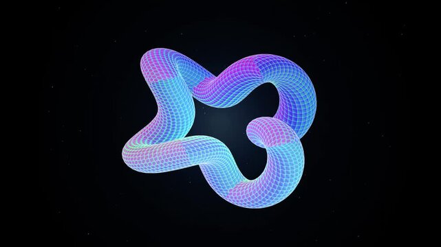 A 3d wireframe visualization of a twisted mobius strip or klein bottle structure floating in deep space against a dark, starry background