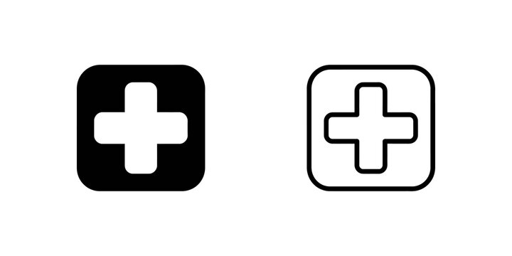 Medical cross square icon set in solid and linear black graphic style.
