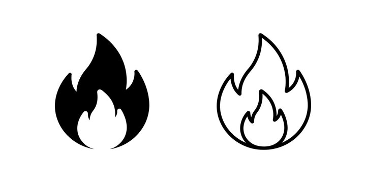 Fire flame icons set in black filled and outline vector illustrations.