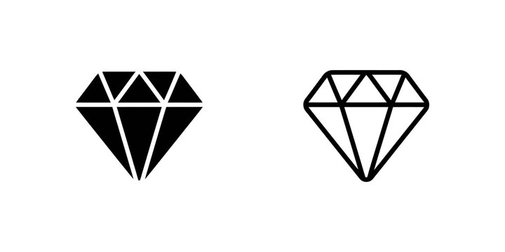 Diamond jewelry gemstone icons in faceted and outline graphic styles.
