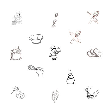 Set of bakery and pastry chef theme hand drawn vector illustrations isolated on white background PNG.