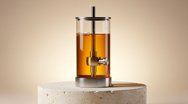 Elegant Modern Glass Tea Infuser and Coffee Maker with Stainless Steel Plunger Mechanism on Natural Stone Pedestal, Premium Kitchenware for Brewing Loose Leaf Tea or Specialty Beverage.