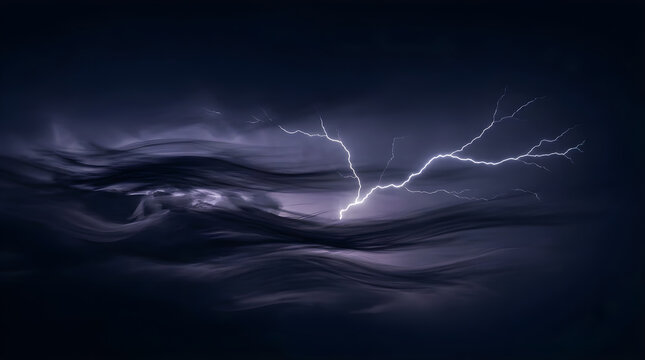 Bright lightning bolt striking through dark stormy clouds at night