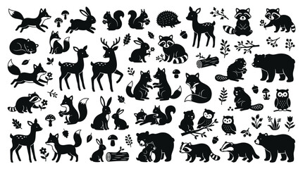 Obraz premium Black Animal Silhouette Vector Collection with Cat, Dog, Bear, Tiger, Bird and Cute Domestic Wildlife Icons Isolated on White Background