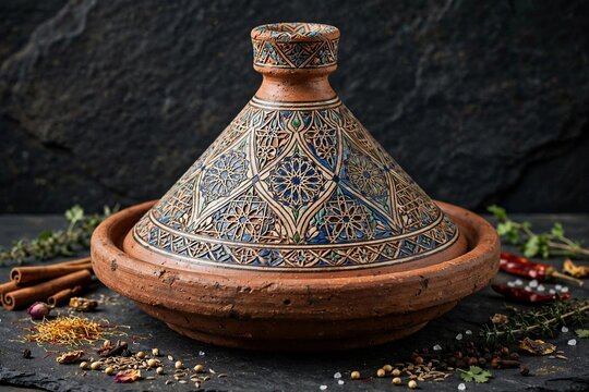 Ornate Moroccan tagine pottery with blue mosaic pattern and spices