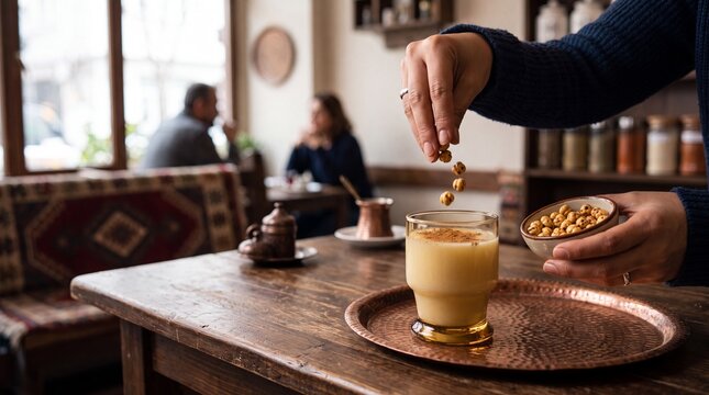 Hand Sprinkling Roasted Chickpeas on Traditional Turkish Boza Drink in Rustic Cafe