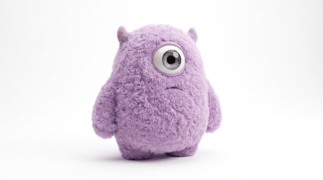 Cute purple fluffy monster toy with one eye on white background