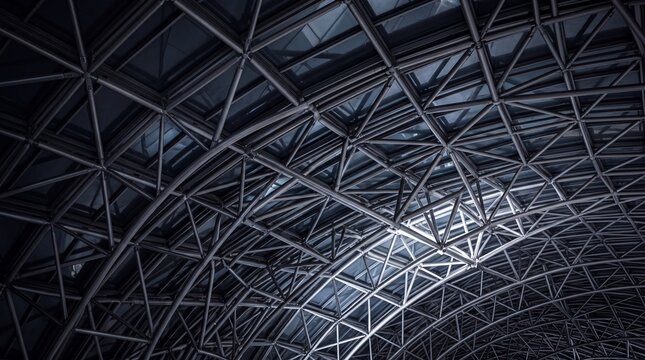 Abstract metallic roof structure with geometric steel beams for modern engineering and industrial architecture background.