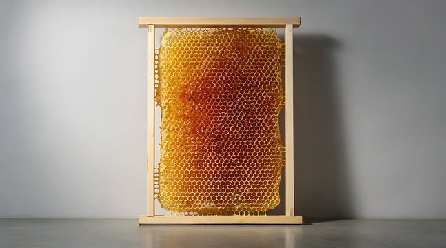 Large natural honeycomb filled with fresh golden organic honey inside a professional wooden beehive frame isolated on a neutral gray background for apiary and beekeeping industry concepts.