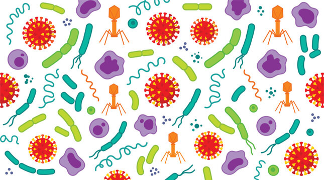 Microbiology Seamless Pattern Background with Viruses Bacteria Bacteriophages and Cells Vector Illustration for Science Education Medical Wallpapers and Health Concepts