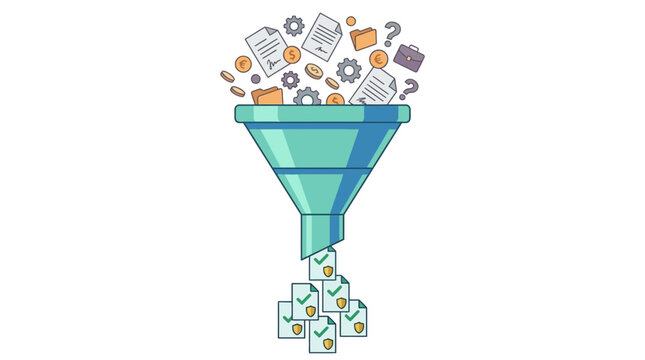 Data processing funnel filtering documents, coins, gears, and briefcase into verified files with checkmarks and shields