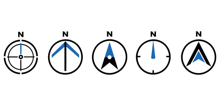 Set of five north arrow icons and compass symbols for map design on white background