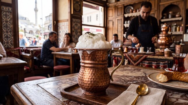 Frothy Ayran in traditional hammered copper cup at a historic Istanbul cafe with tea service