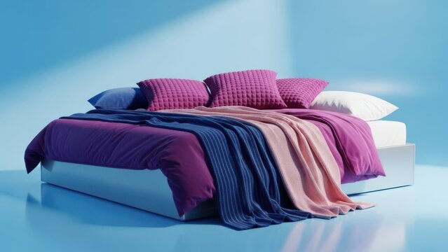 Modern bed with striped bedding and purple pillows on a blue background