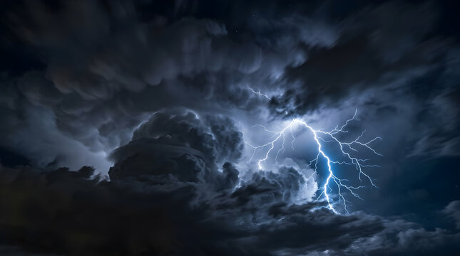 Bright lightning bolt striking through dark stormy clouds at night