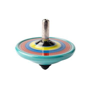 A colorful spinning top with a metal spindle in the center on a white background