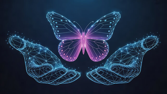 Digital butterfly emerges from open hands in low-poly wireframe style. Digital transformation concept with glowing holographic effect and futuristic neon accents. AI innovation. Vector illustration 