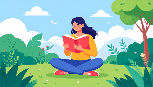 Relaxed reader sitting on grass in sunny park with a book in friendly illustration generative AI