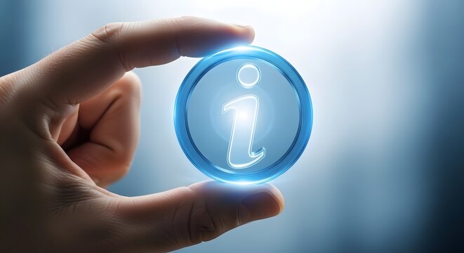 A finger holding an information icon for the concept of knowledge and data.