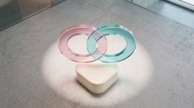 Interlocking pink and blue glass rings