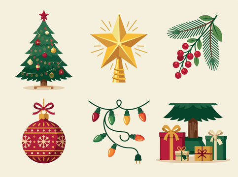 Christmas Tree Set with Festive Decorations, Stars, Ornaments and Gifts for Winter Holiday Celebration and New Year Vector Illustration