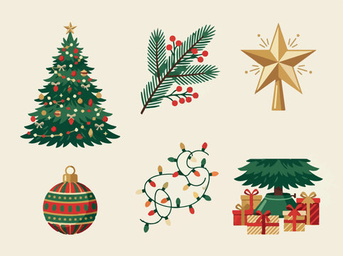 Christmas Tree Set with Festive Decorations, Stars, Ornaments and Gifts for Winter Holiday Celebration and New Year Vector Illustration