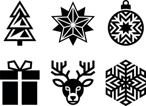 Christmas Icons Set with Stars, Snowflakes, Ornaments and Festive Winter Symbols for Holiday Celebration and New Year Vector Illustration