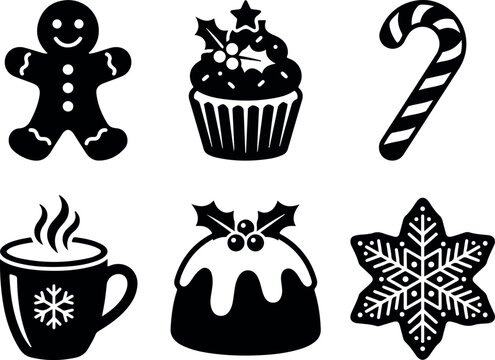 Christmas Icons Set with Festive Decorations, Gifts, Santa Hat, Candy, Cake, Stars and Winter Holiday Symbols Vector Illustration