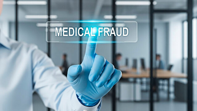 Hand in medical glove touching screen with text MEDICAL FRAUD for the concept of healthcare crime and deception.