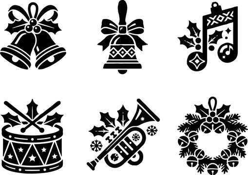 Christmas Icons Set with Stars, Snowflakes, Ornaments, Trees and Festive Winter Holiday Symbols Vector Illustration