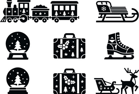 Shopping Icons Set with Furniture, Transport Vehicles, Train, Truck, Car, Bus, Home and Construction Symbols Vector Illustration