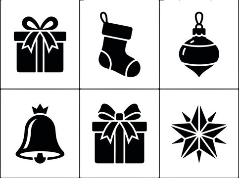 Christmas Bells and Holiday Icons Set with Gifts, Ribbons, Bows, Snowman, Candy, Stars and Festive Winter Decoration Vector Illustration