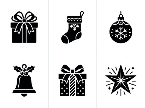 Christmas Icons Set with Gift Boxes, Trees, Bells, Snowflakes, Stars, Bows, Candy and Snowman Holiday Decoration Vector Illustration Collection