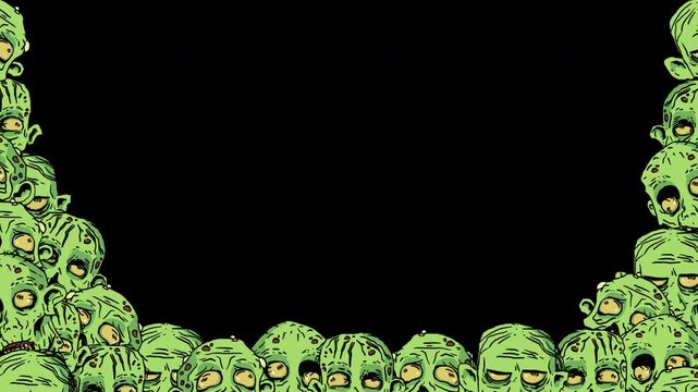 Seamless looping 2D animation of a horror frame with scary zombie heads peeking from the bottom and sides of the screen. Transparent alpha channel for video overlays, Halloween content, streaming.