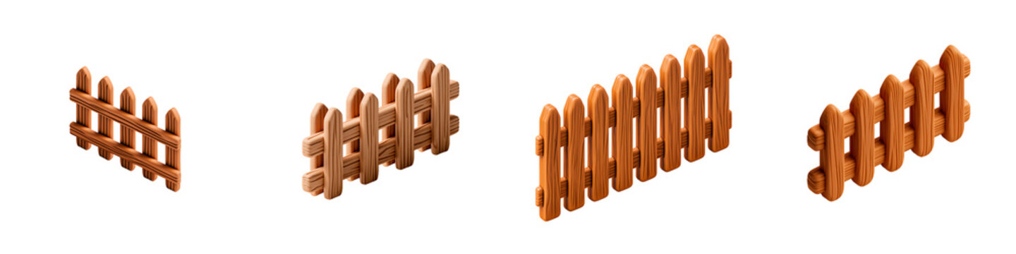 Set of wooden fences isolated on transparent background
