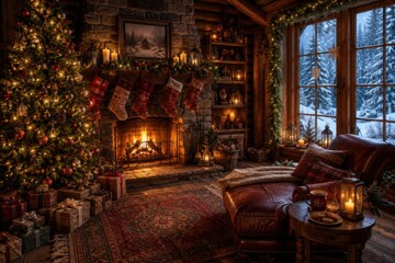 Obraz premium Cozy Christmas cabin fireplace beside snowy forest window