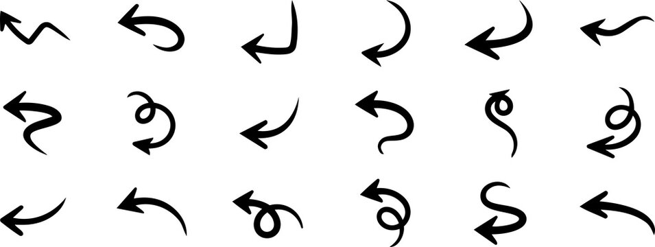 Set of hand drawn curly and twisted arrow icons for sketch design with direction