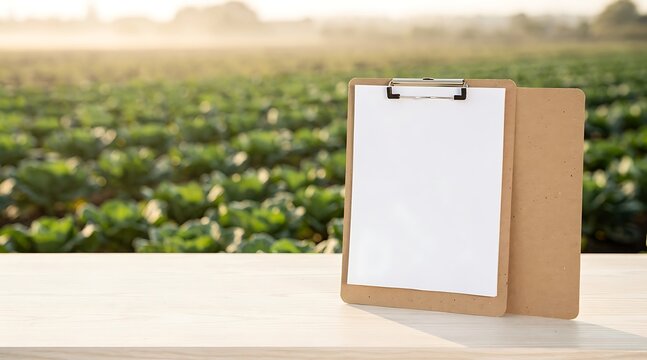 Blank white paper on wooden clipboard placed on table against blurred green agricultural vegetable farm background in morning sunlight, concept for smart farming, harvest planning and business.
