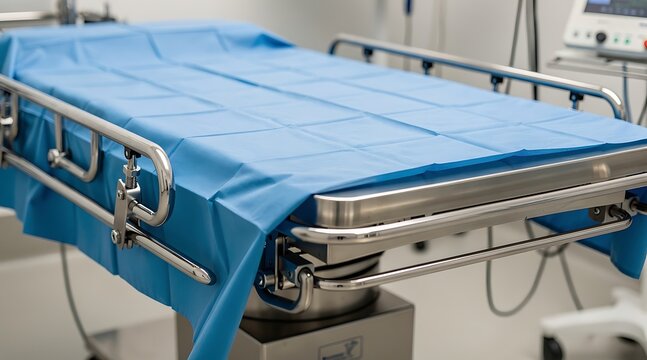 Modern Medical Stretcher or Gurney Covered with a Blue Sterile Disposable Sheet in a Clean Hospital Operating Room Prepared for a Surgical Procedure or Emergency Patient Treatment Concept