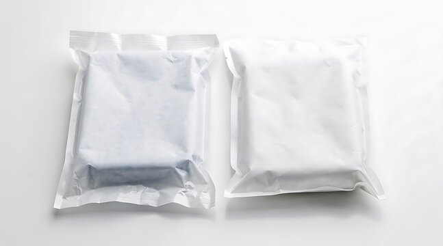 High angle view of two white generic plastic sealed packages on a plain white background, ideal for shipping, discreet product protection, hygiene, or retail e-commerce mockup for branding.