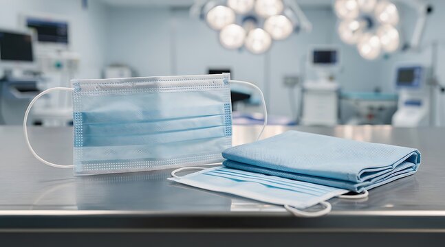 Disposable Blue Surgical Face Masks and Sterile Medical Equipment on Stainless Steel Table in a Modern Hospital Operating Room Background for Healthcare and Safety Concept