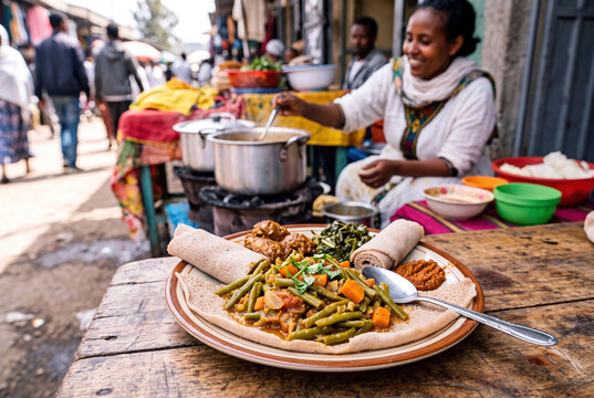 Delicious Ethiopian Fasolia green bean stew with carrots and injera served at a vibrant street food stall.