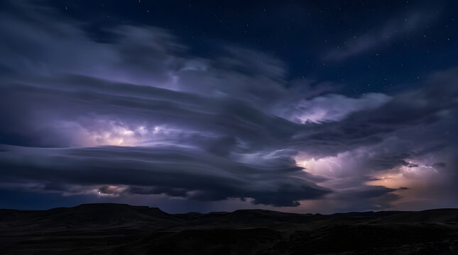 Dramatic lightning storm illuminating dark clouds over a desert