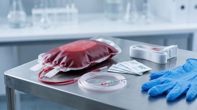 Blood bag and medical equipment prepared for blood transfusion in a clinical laboratory