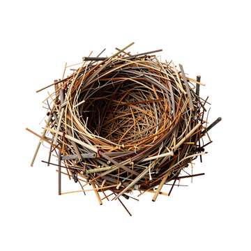 Close-up view of an empty bird's nest made from twigs and dry grass on a white background