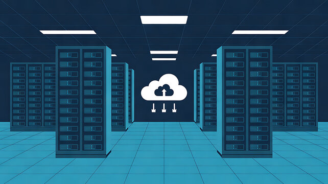 Modern data center interior with server racks and cloud computing infrastructure for secure digital data storage and network management solutions. Technology background. Digital vector illustration. 